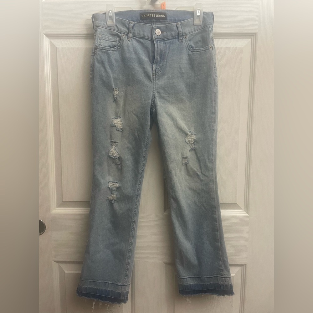 Express Light Wash Distressed Flare Cropped Jeans